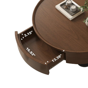 English Elm 35.43 Inch Round Walnut Finish Coffee Table with Hidden Drawer and Black Sphere Legs W6002S00007