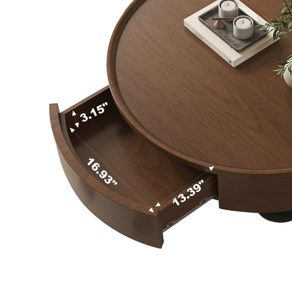 English Elm 35.43 Inch Round Walnut Finish Coffee Table with Hidden Drawer and Black Sphere Legs W6002S00007