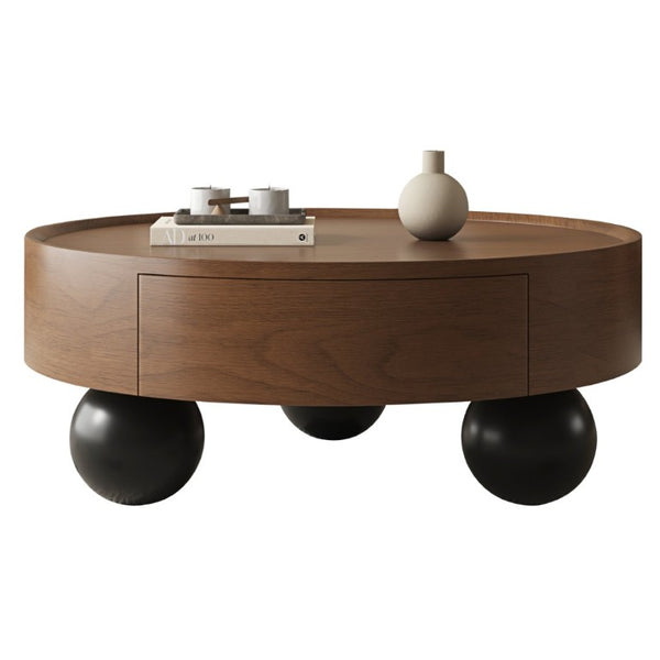 English Elm 35.43 Inch Round Walnut Finish Coffee Table with Hidden Drawer and Black Sphere Legs W6002S00007