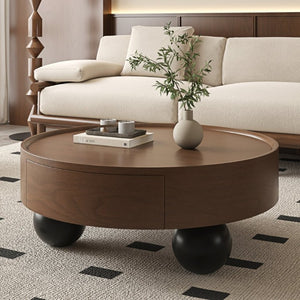 English Elm 35.43 Inch Round Walnut Finish Coffee Table with Hidden Drawer and Black Sphere Legs W6002S00007