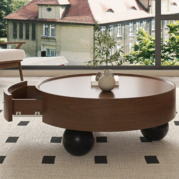 English Elm 35.43 Inch Round Walnut Finish Coffee Table with Hidden Drawer and Black Sphere Legs W6002S00007