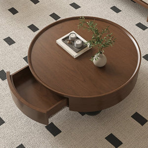 English Elm 35.43 Inch Round Walnut Finish Coffee Table with Hidden Drawer and Black Sphere Legs W6002S00007