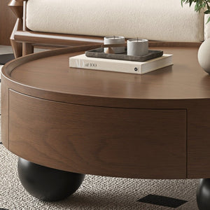 English Elm 35.43 Inch Round Walnut Finish Coffee Table with Hidden Drawer and Black Sphere Legs W6002S00007