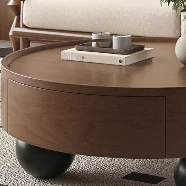 English Elm 35.43 Inch Round Walnut Finish Coffee Table with Hidden Drawer and Black Sphere Legs W6002S00007
