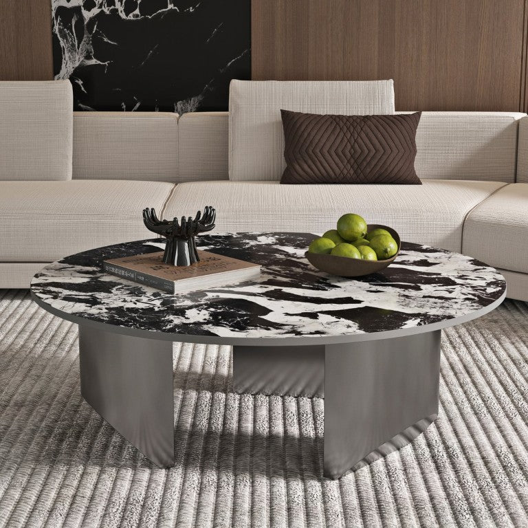 English Elm 35.4 Inch Sintered Stone Round Coffee Table Ash Veneer Base for Modern Living Rooms W6002S00008