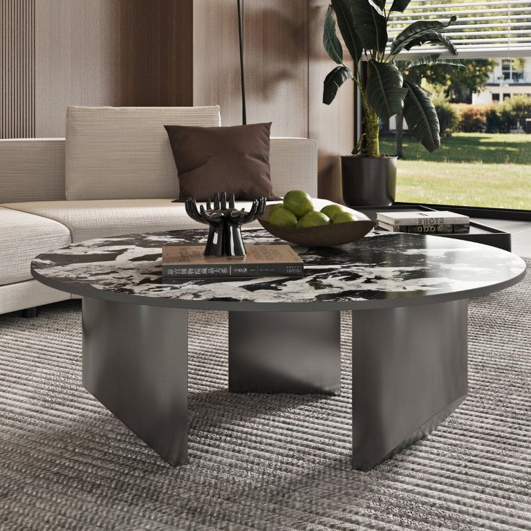 English Elm 35.4 Inch Sintered Stone Round Coffee Table Ash Veneer Base for Modern Living Rooms W6002S00008