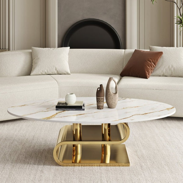 English Elm Premium Oval Sintered Stone Coffee Table Brushed Gold Base Light Luxury Living Room W6002S00010