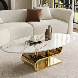 English Elm Premium Oval Sintered Stone Coffee Table Brushed Gold Base Light Luxury Living Room W6002S00010