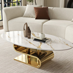 English Elm Premium Oval Sintered Stone Coffee Table Brushed Gold Base Light Luxury Living Room W6002S00010