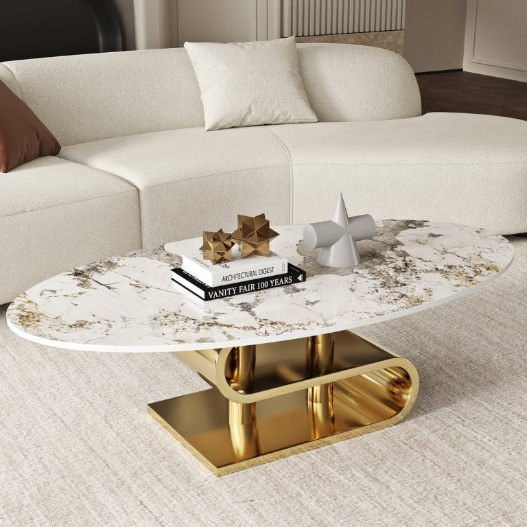 English Elm 49.21×26.77 Oval Sintered Stone Coffee Table with Gold Sculptural Steel Base W6002S00011