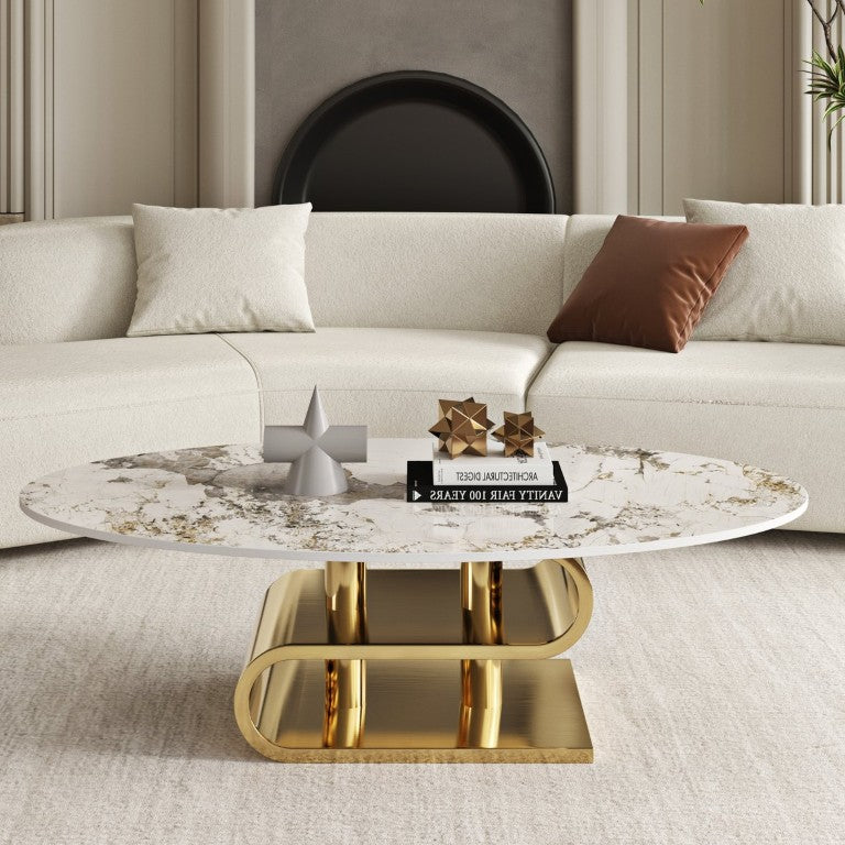 English Elm 49.21×26.77 Oval Sintered Stone Coffee Table with Gold Sculptural Steel Base W6002S00011