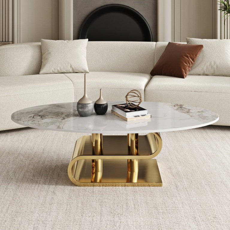 English Elm 49.21×26.77 49.21\X26.77 Sintered Stone Oval Coffee Table with Sculptural Wave Gold Base for Living Rooms White+Gold W6002S00012