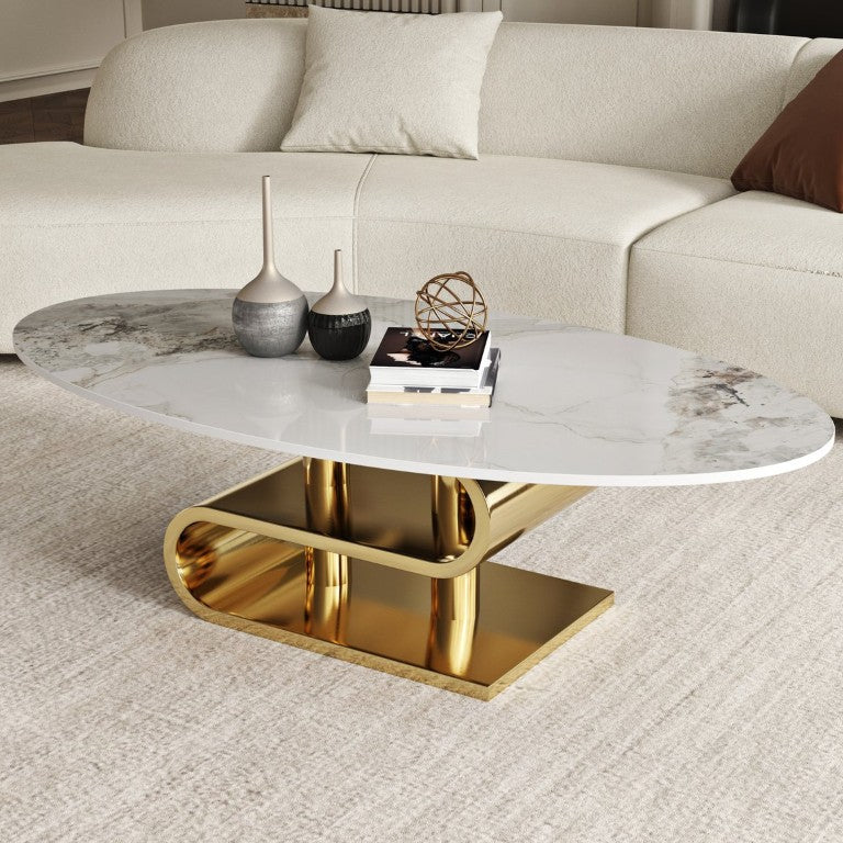 English Elm 49.21×26.77 49.21\X26.77 Sintered Stone Oval Coffee Table with Sculptural Wave Gold Base for Living Rooms White+Gold W6002S00012