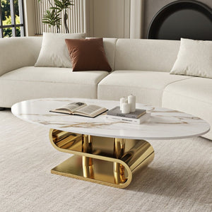 English Elm White Sintered Stone Oval Coffee Table with Brushed Gold Steel Base for Modern Living W6002S00013