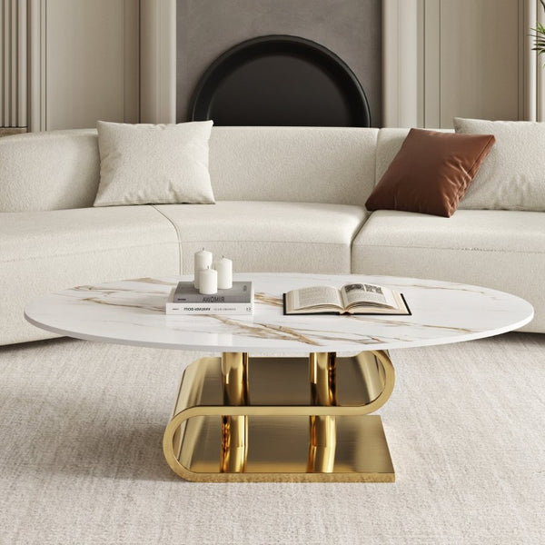English Elm White Sintered Stone Oval Coffee Table with Brushed Gold Steel Base for Modern Living W6002S00013