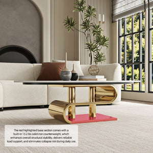 English Elm White Sintered Stone Oval Coffee Table with Brushed Gold Steel Base for Modern Living W6002S00013