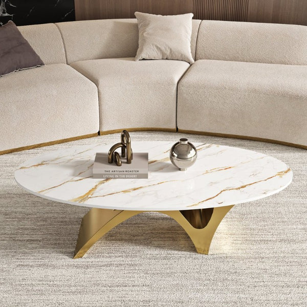 English Elm 49.21×26.77 Sintered Stone Coffee Table Brushed Gold Arch Base Contemporary Luxury W6002S00014