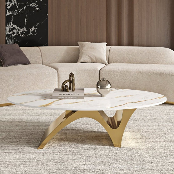 English Elm 49.21×26.77 Sintered Stone Coffee Table Brushed Gold Arch Base Contemporary Luxury W6002S00014