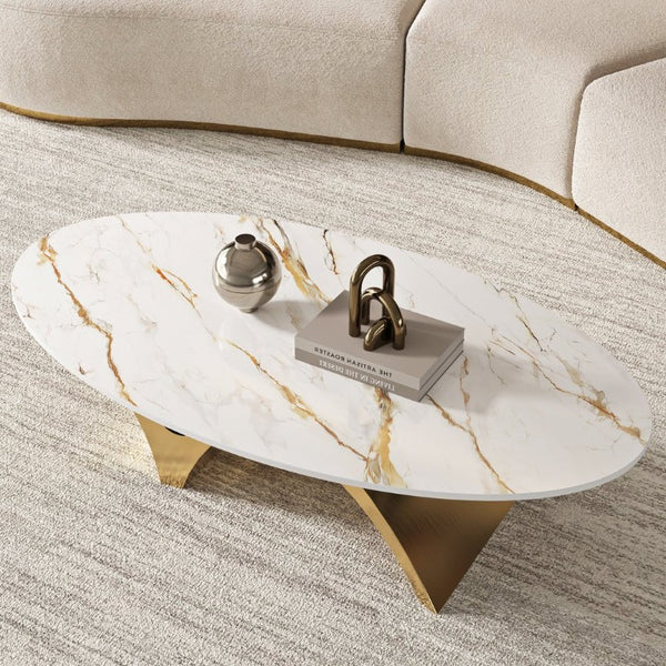English Elm 49.21×26.77 Sintered Stone Coffee Table Brushed Gold Arch Base Contemporary Luxury W6002S00014