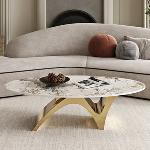 English Elm 49.21×26.77 Oval Sintered Stone Coffee Table Brushed Gold Wave Base Modern Luxe Arch Base - Wood Backing W6002S00015