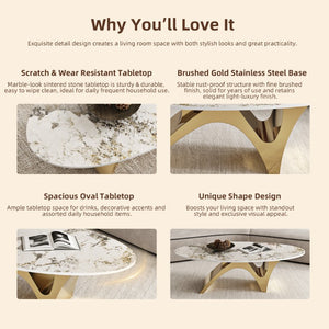 English Elm 49.21×26.77 Oval Sintered Stone Coffee Table Brushed Gold Wave Base Modern Luxe Arch Base - Wood Backing W6002S00015