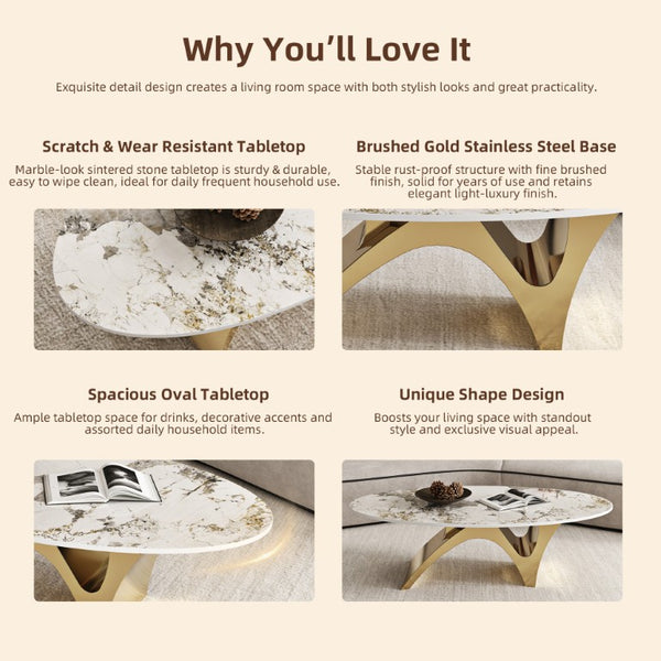 English Elm 49.21×26.77 Oval Sintered Stone Coffee Table Brushed Gold Wave Base Modern Luxe Arch Base - Wood Backing W6002S00015