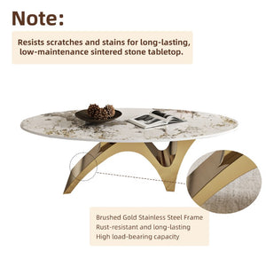English Elm 49.21×26.77 Oval Sintered Stone Coffee Table Brushed Gold Wave Base Modern Luxe Arch Base - Wood Backing W6002S00015