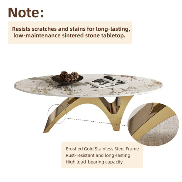 English Elm 49.21×26.77 Oval Sintered Stone Coffee Table Brushed Gold Wave Base Modern Luxe Arch Base - Wood Backing W6002S00015