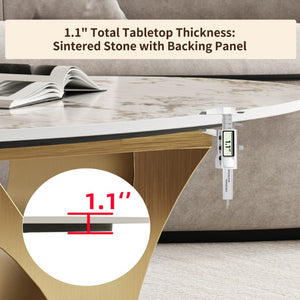 English Elm 49.21×26.77 Oval Sintered Stone Coffee Table Brushed Gold Wave Base Modern Luxe Arch Base - Wood Backing W6002S00015