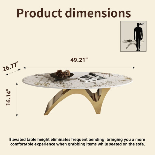 English Elm 49.21×26.77 Oval Sintered Stone Coffee Table Brushed Gold Wave Base Modern Luxe Arch Base - Wood Backing W6002S00015