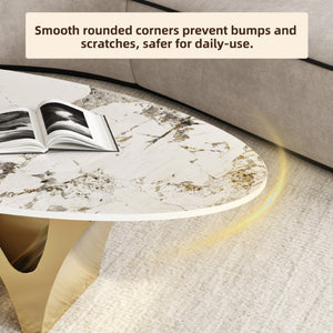 English Elm 49.21×26.77 Oval Sintered Stone Coffee Table Brushed Gold Wave Base Modern Luxe Arch Base - Wood Backing W6002S00015