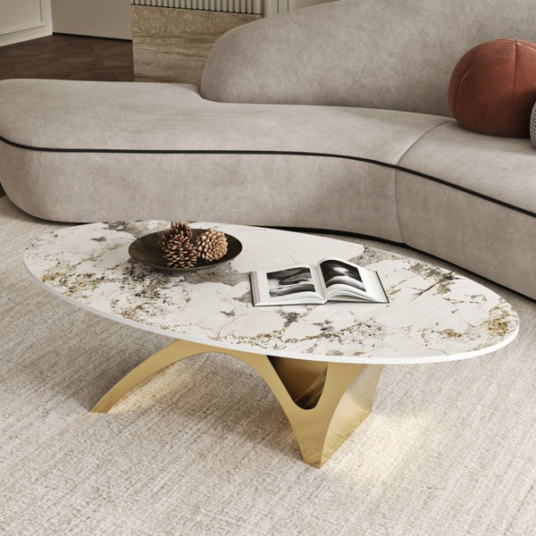 English Elm 49.21×26.77 Oval Sintered Stone Coffee Table Brushed Gold Wave Base Modern Luxe Arch Base - Wood Backing W6002S00015