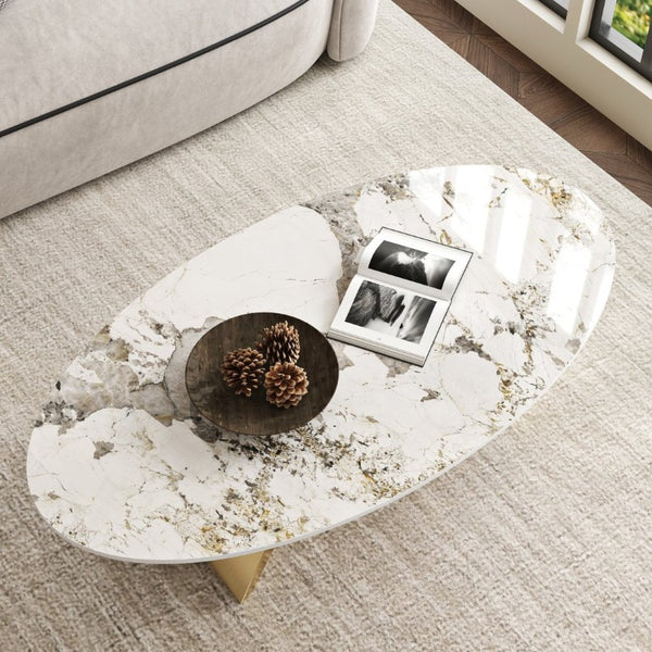 English Elm 49.21×26.77 Oval Sintered Stone Coffee Table Brushed Gold Wave Base Modern Luxe Arch Base - Wood Backing W6002S00015