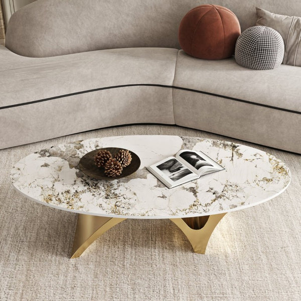 English Elm 49.21×26.77 Oval Sintered Stone Coffee Table Brushed Gold Wave Base Modern Luxe Arch Base - Wood Backing W6002S00015