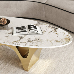 English Elm 49.21×26.77 Oval Sintered Stone Coffee Table Brushed Gold Wave Base Modern Luxe Arch Base - Wood Backing W6002S00015