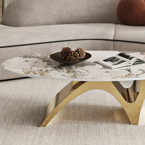 English Elm 49.21×26.77 Oval Sintered Stone Coffee Table Brushed Gold Wave Base Modern Luxe Arch Base - Wood Backing W6002S00015
