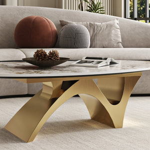 English Elm 49.21×26.77 Oval Sintered Stone Coffee Table Brushed Gold Wave Base Modern Luxe Arch Base - Wood Backing W6002S00015