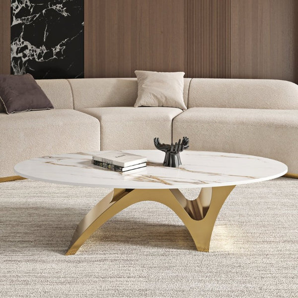 English Elm 49.21×26.77 Oval Sintered Stone Coffee Table Brushed Gold Wave Base Modern Luxe Arch Base - Thickened Tabletop W6002S00017