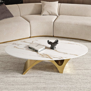 English Elm 49.21×26.77 Oval Sintered Stone Coffee Table Brushed Gold Wave Base Modern Luxe Arch Base - Thickened Tabletop W6002S00017