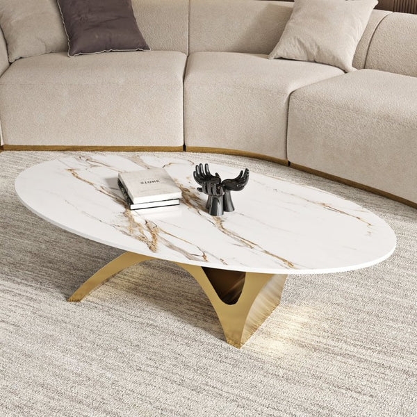 English Elm 49.21×26.77 Oval Sintered Stone Coffee Table Brushed Gold Wave Base Modern Luxe Arch Base - Thickened Tabletop W6002S00017