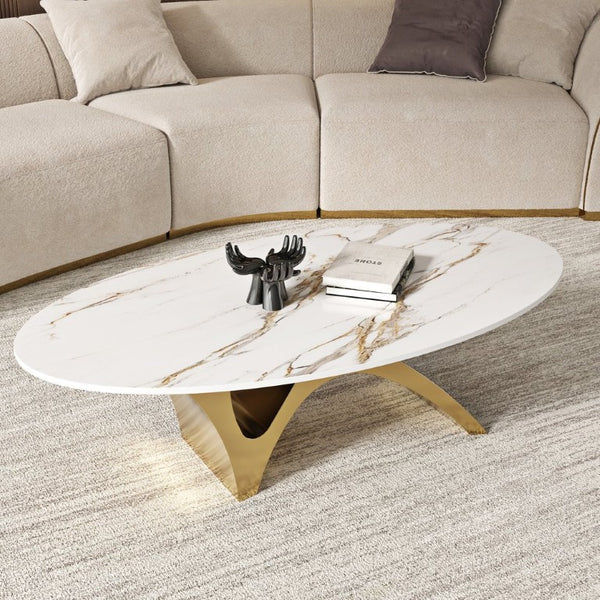 English Elm 49.21×26.77 Oval Sintered Stone Coffee Table Brushed Gold Wave Base Modern Luxe Arch Base - Thickened Tabletop W6002S00017