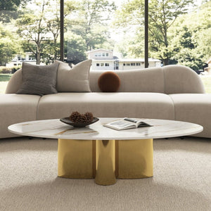 English Elm 47.24 Oval Walnut Veneer Coffee Table with Ash Base for Modern Living Rooms Gold+White Sintered Stone, Stainless Steel W6002S00018