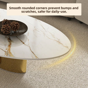 English Elm 47.24 Oval Walnut Veneer Coffee Table with Ash Base for Modern Living Rooms Gold+White Sintered Stone, Stainless Steel W6002S00018