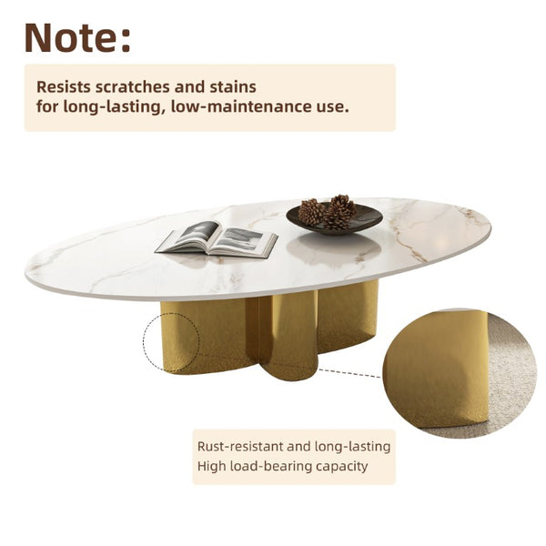 English Elm 47.24 Oval Walnut Veneer Coffee Table with Ash Base for Modern Living Rooms Gold+White Sintered Stone, Stainless Steel W6002S00018