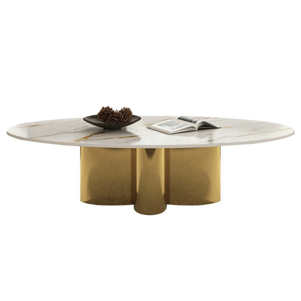 English Elm 47.24 Oval Walnut Veneer Coffee Table with Ash Base for Modern Living Rooms Gold+White Sintered Stone, Stainless Steel W6002S00018
