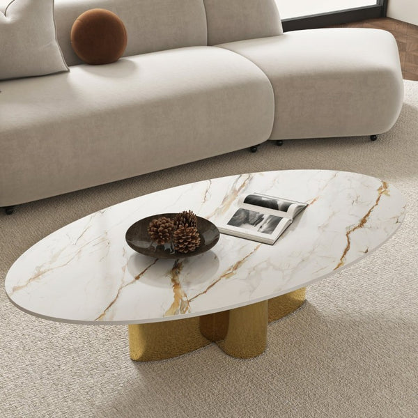 English Elm 47.24 Oval Walnut Veneer Coffee Table with Ash Base for Modern Living Rooms Gold+White Sintered Stone, Stainless Steel W6002S00018