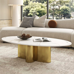 English Elm 47.24 Oval Walnut Veneer Coffee Table with Ash Base for Modern Living Rooms Gold+White Sintered Stone, Stainless Steel W6002S00018