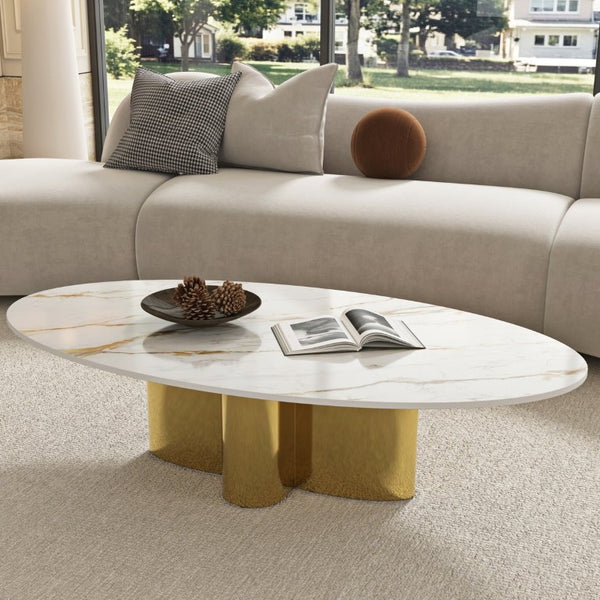 English Elm 47.24 Oval Walnut Veneer Coffee Table with Ash Base for Modern Living Rooms Gold+White Sintered Stone, Stainless Steel W6002S00018