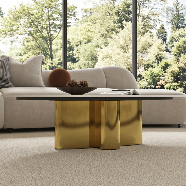 English Elm 47.24 Oval Walnut Veneer Coffee Table with Ash Base for Modern Living Rooms Gold+White Sintered Stone, Stainless Steel W6002S00018