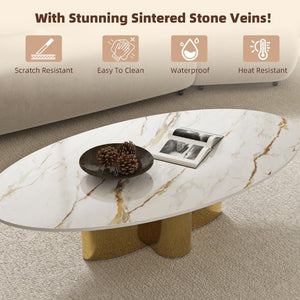 English Elm 47.24 Oval Walnut Veneer Coffee Table with Ash Base for Modern Living Rooms Gold+White Sintered Stone, Stainless Steel W6002S00018